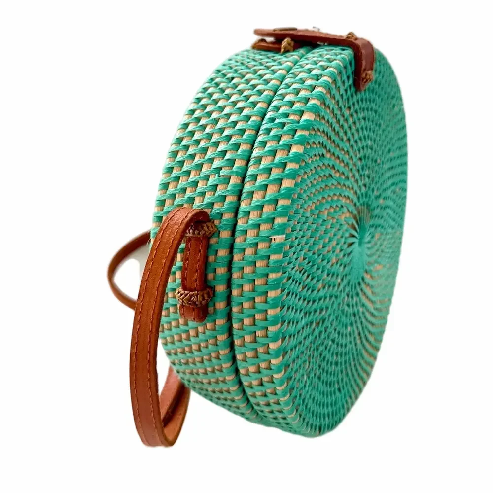 POPPY & SAGE Camilla Aqua Turquoise Woven Rattan Circle Crossbody Handmade NEW